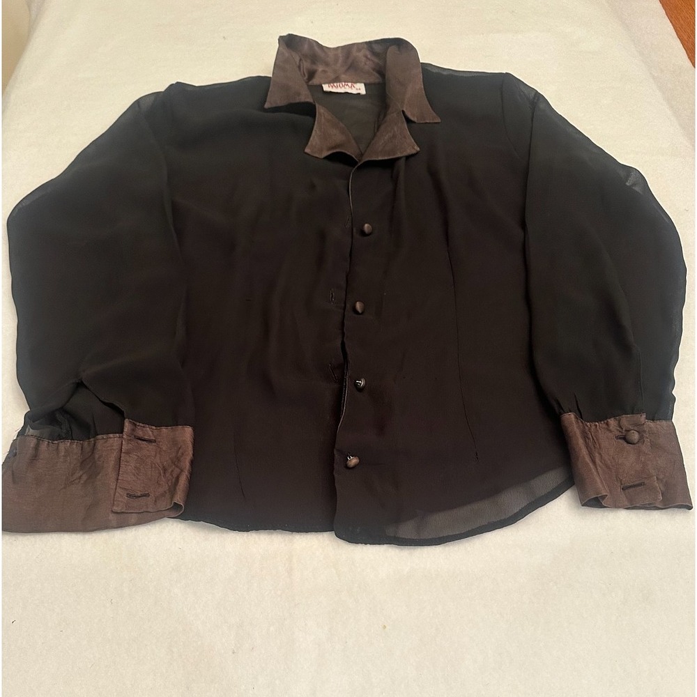 Paloma Carmin Blouse Womens 34 XS Black Sheer Button Up Long Sleeve Brown Collar